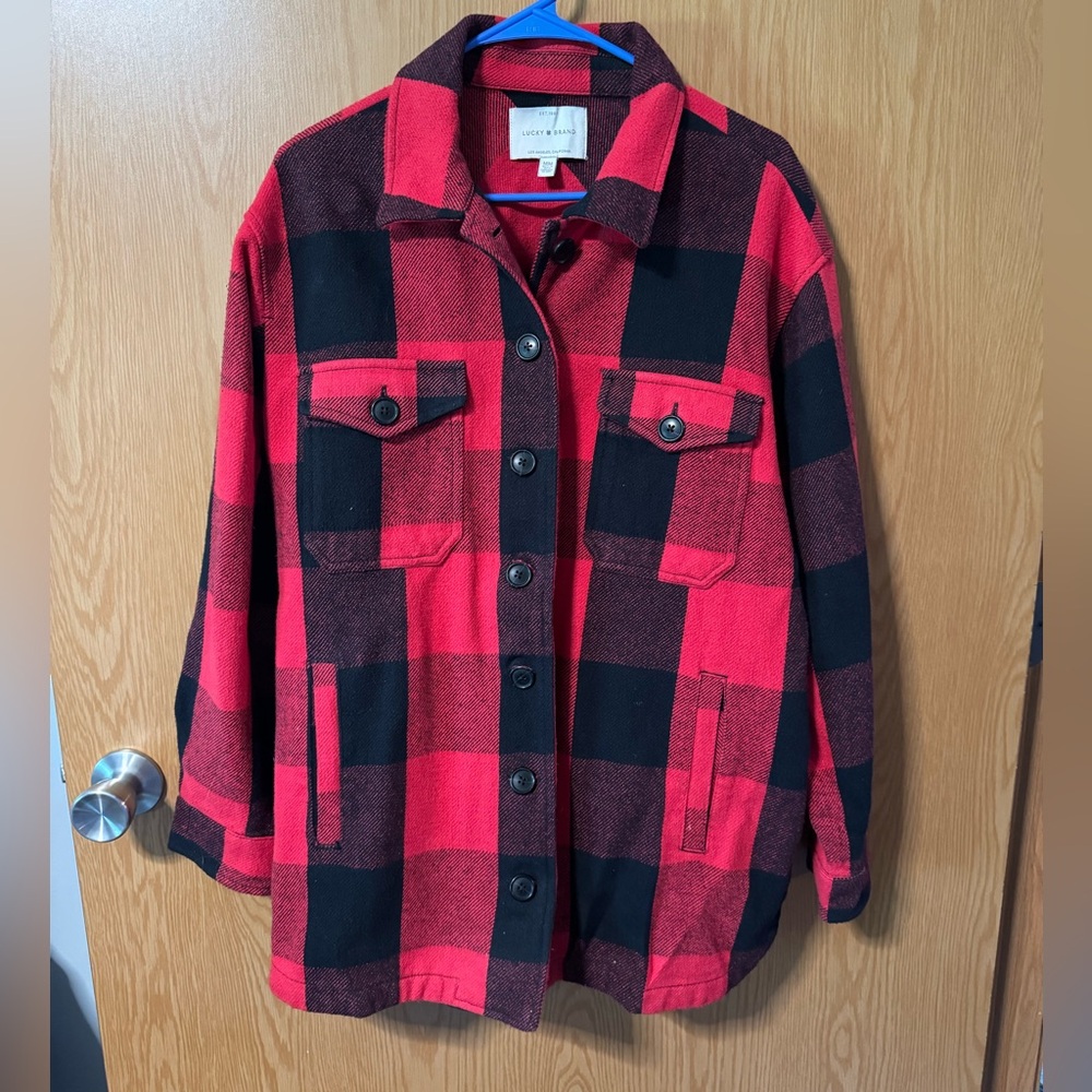 Lucky Brand Red and Black Plaid Button-Up Jacket